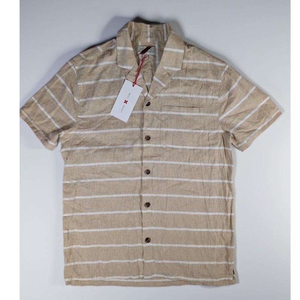 Best Made Co Tan White Striped Linen Cotton Camp Shirt Men's S